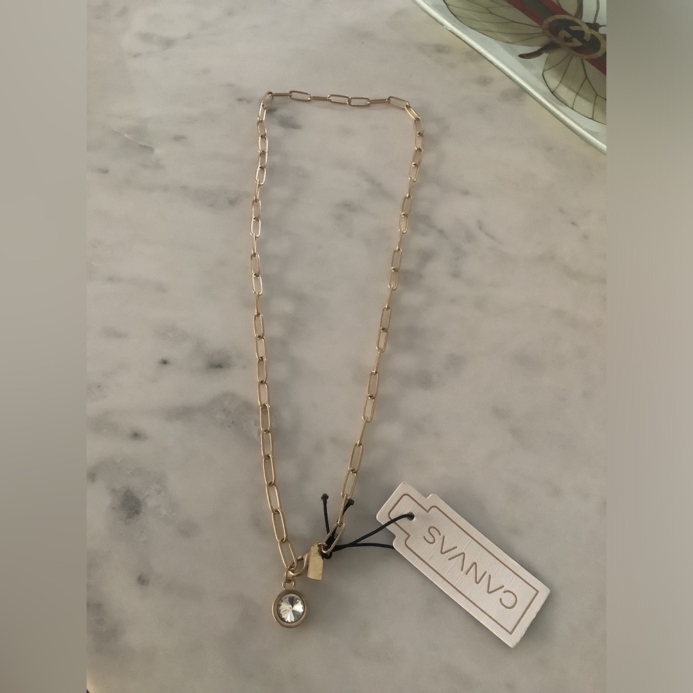 Canvas Gold tone Paperclip Link Necklace with Crystal Pendant NEW 20”
